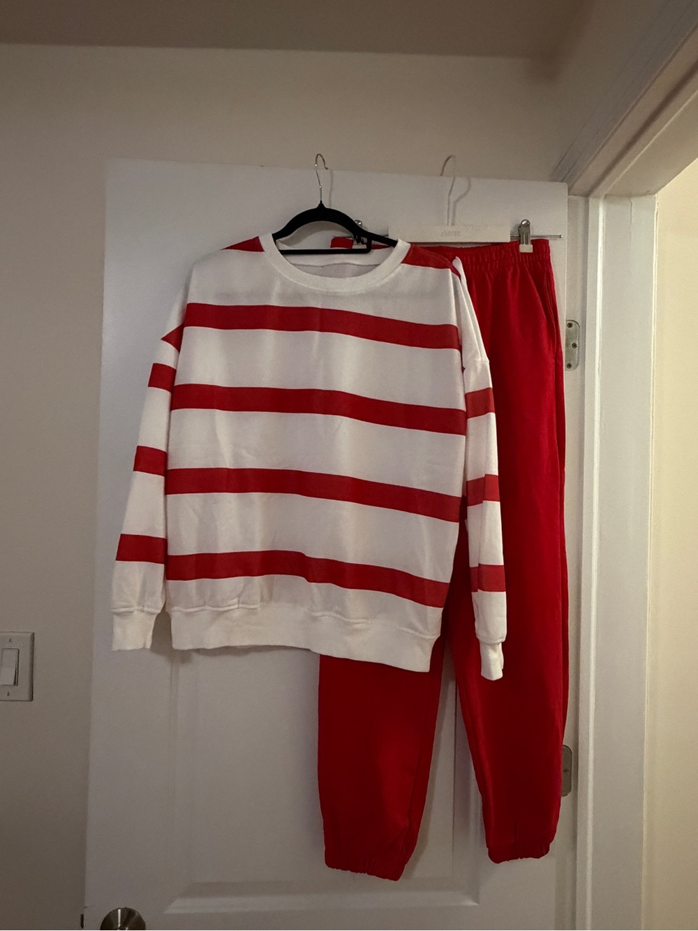 NWOT SHEIN White & Red Striped Sweatshirt with Red Jogger Pants Set